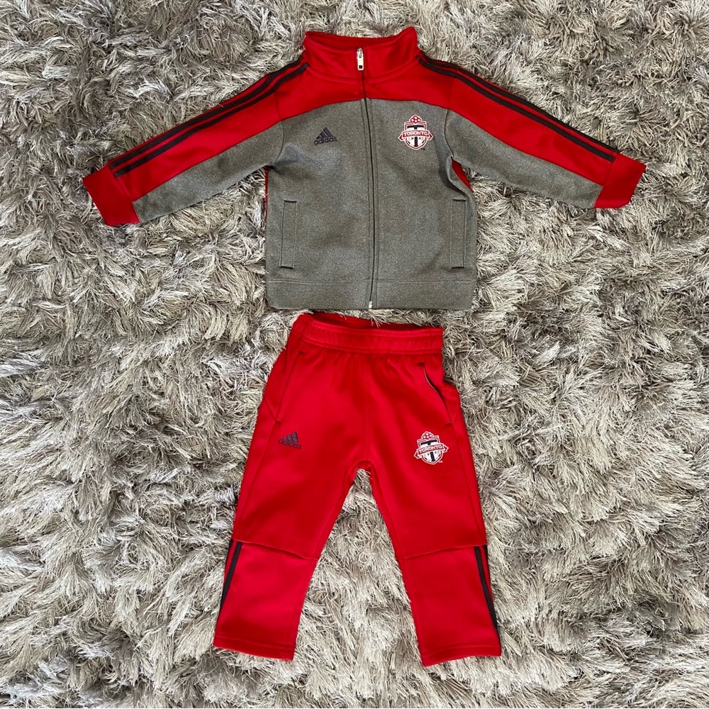 Adidas 3stripes Toronto Logo Red and Gray Kids Track Suit. Size 2T.